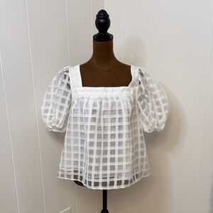 Dreamy White Checkered Puff Sleeve Women's Top